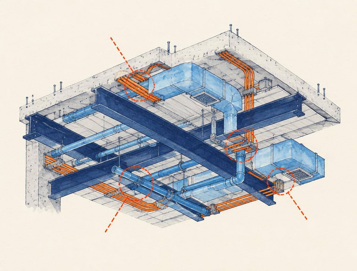 Cutaway of a ceiling with ducts, pipes and beams colliding at circled clash points