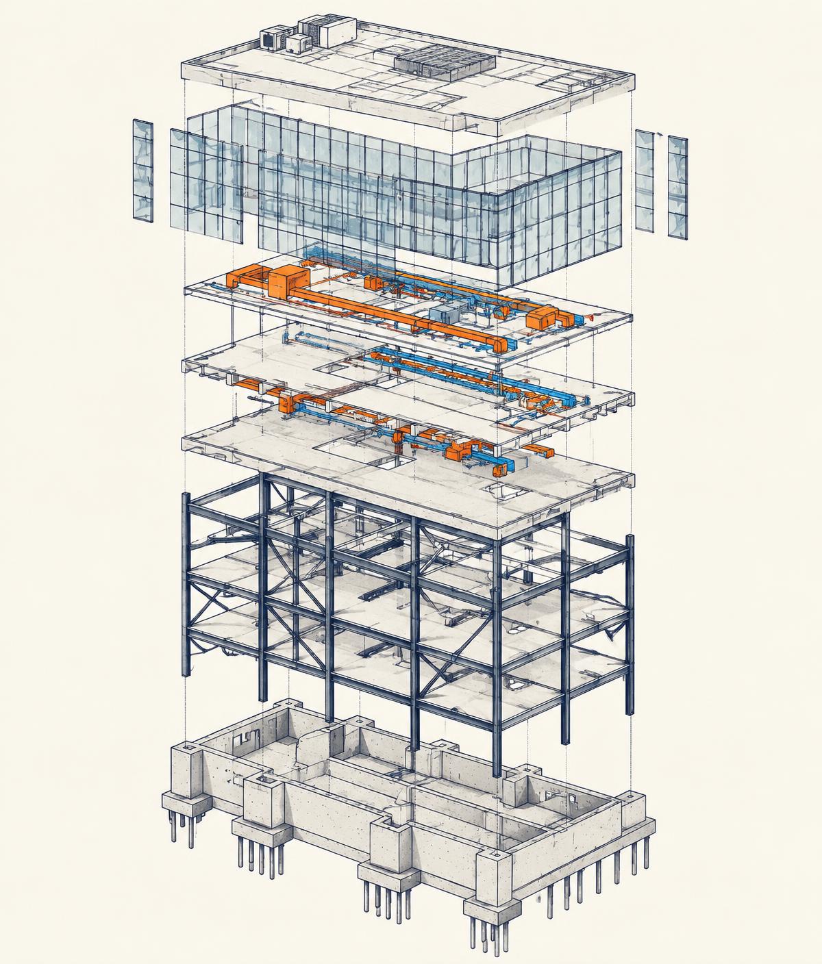 Exploded BIM model of a building, from foundation to roof