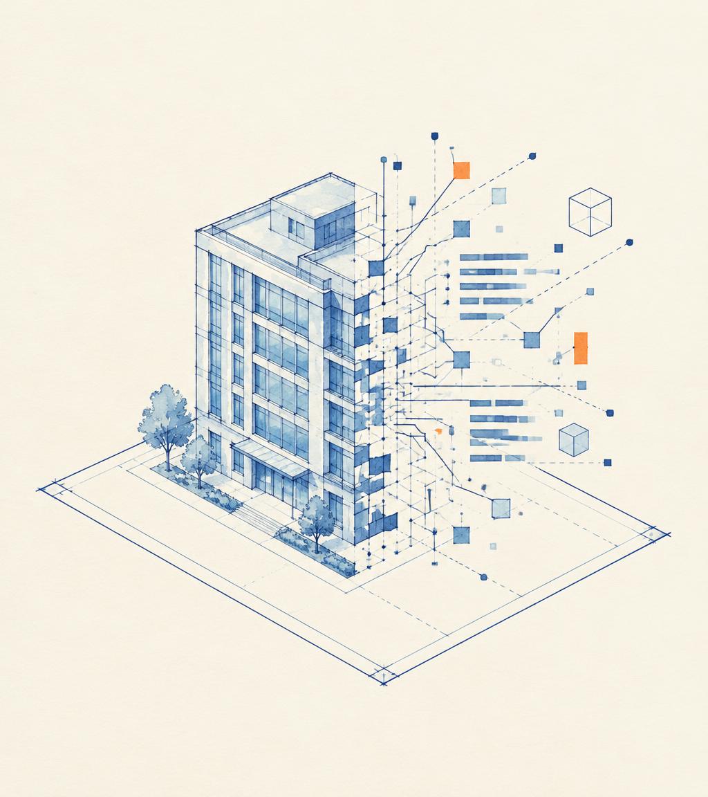 Building model half drawn as blueprint, half dissolving into data and code